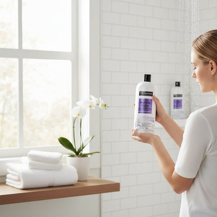 Tia's Treasure Collections Tresemme Purple Blonde conditioner bottle held by a woman in a bright, modern bathroom.
