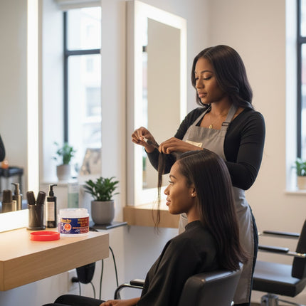 Tia's Treasure Collections Salon Pro 30 Sec Weave Gel on a salon counter while a stylist works on a client's hair.