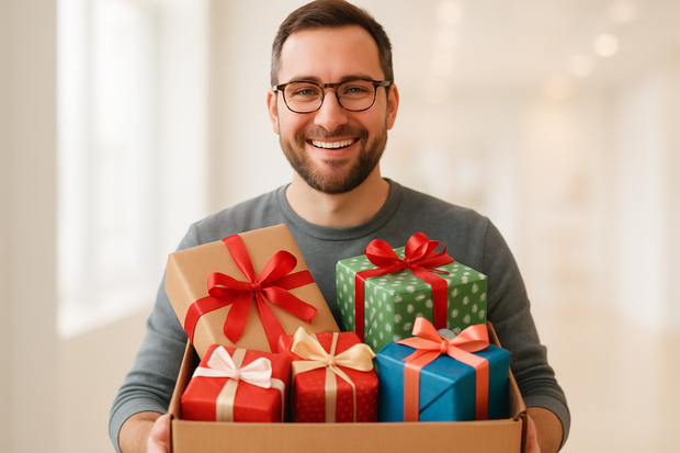 Unique gifts A man with eye glasses holding a brown box with wrap gifts